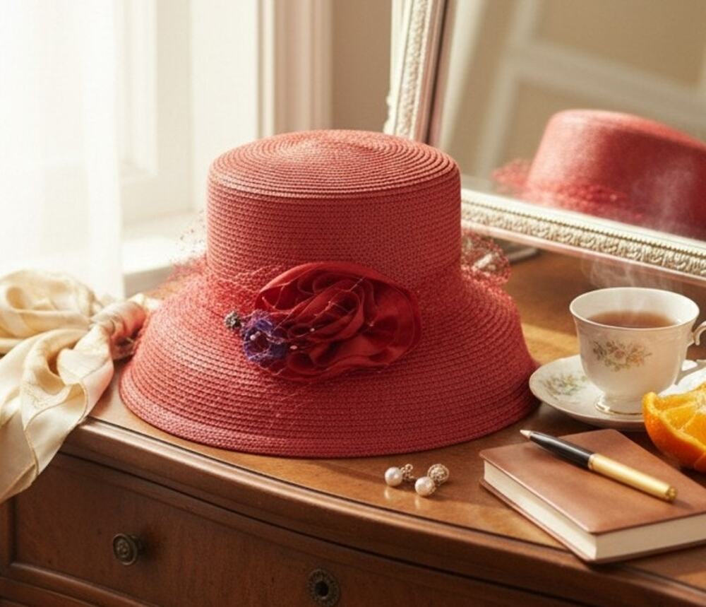Vintage August Women's Red Derby Hat Polypropylene Dress Hat RN#80934 7x7.5"
